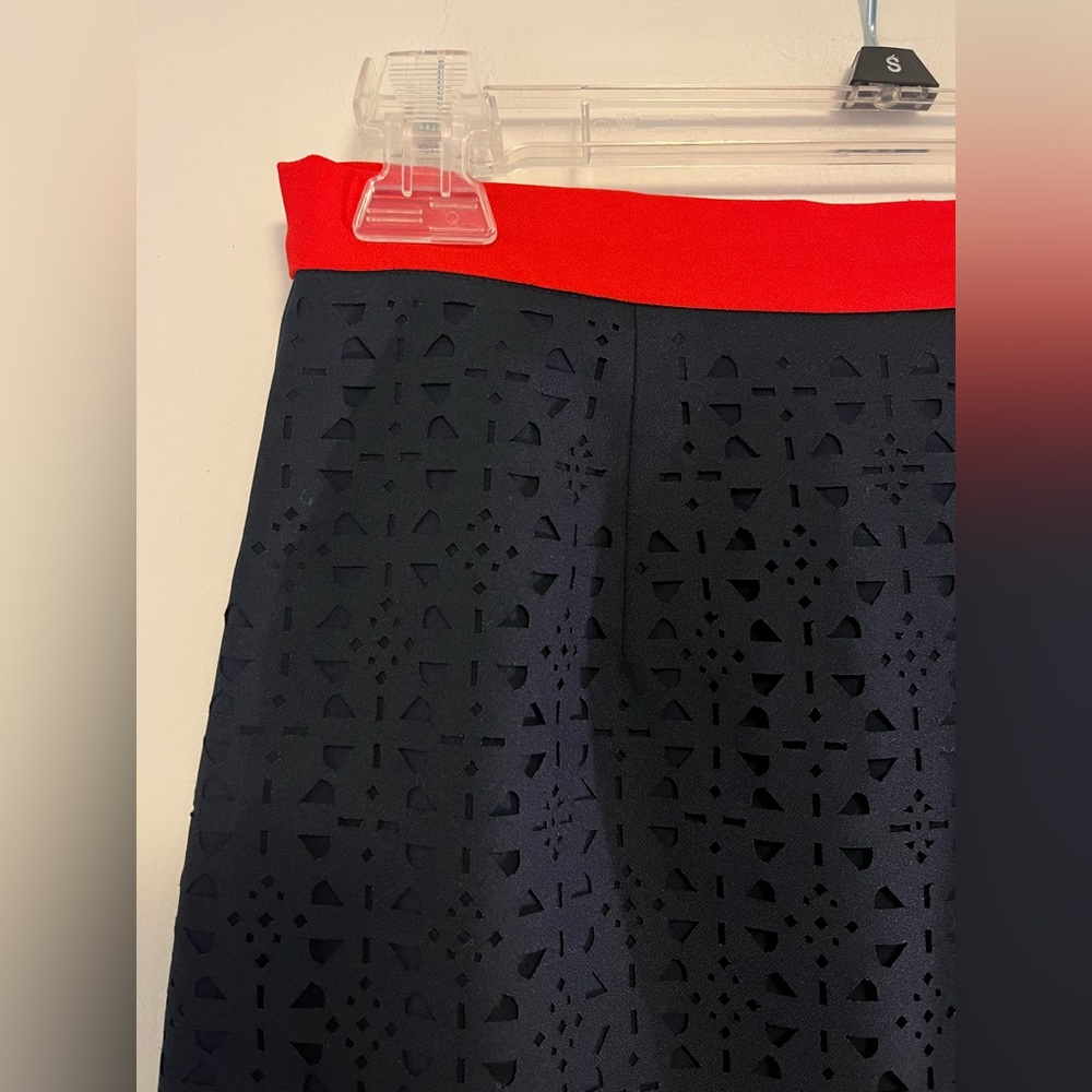 Pixley Navy Laser-Cut Pencil Skirt with Red Waistband - Picture 4 of 6